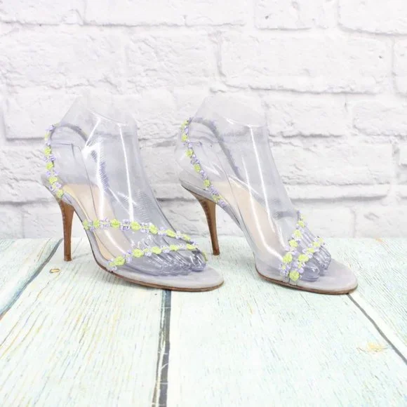 Cole Haan Blue Suede Green Silver Floral Strap Stiletto Heel Pumps 6 B - Picture 3 of 10